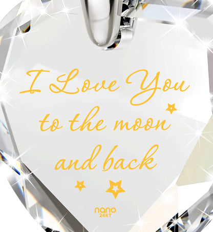 925 Sterling Silver I Love You to The Moon and Back Necklace 24k Gold Inscribed Heart Cubic Zirconia Pendant